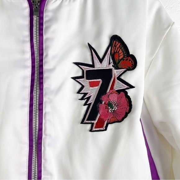 Maje Peacock Embroidered Satin Bomber Jacket White Small Casual Sporty Cropped - Picture 5 of 9